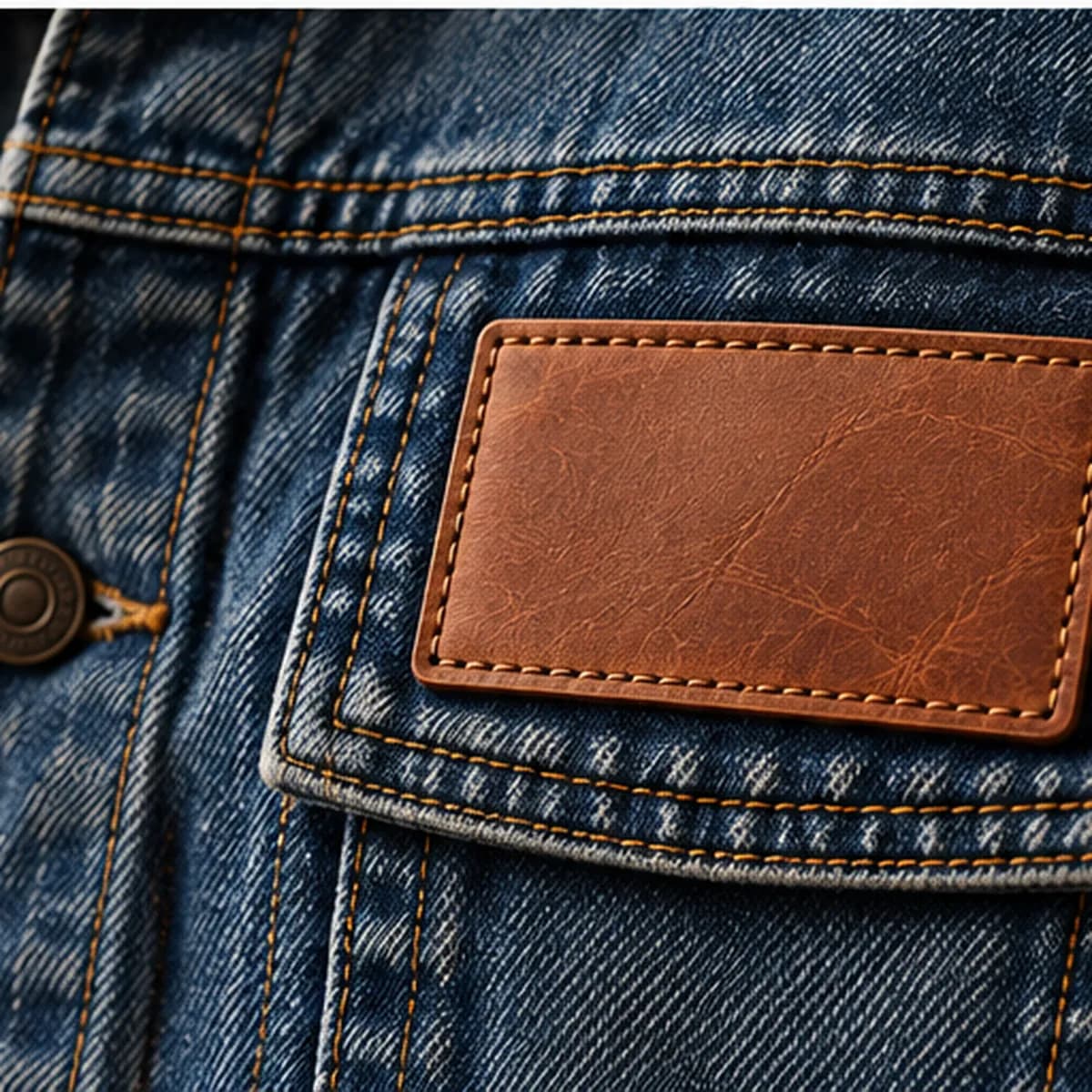 A leather patch stitched onto a denim jacket