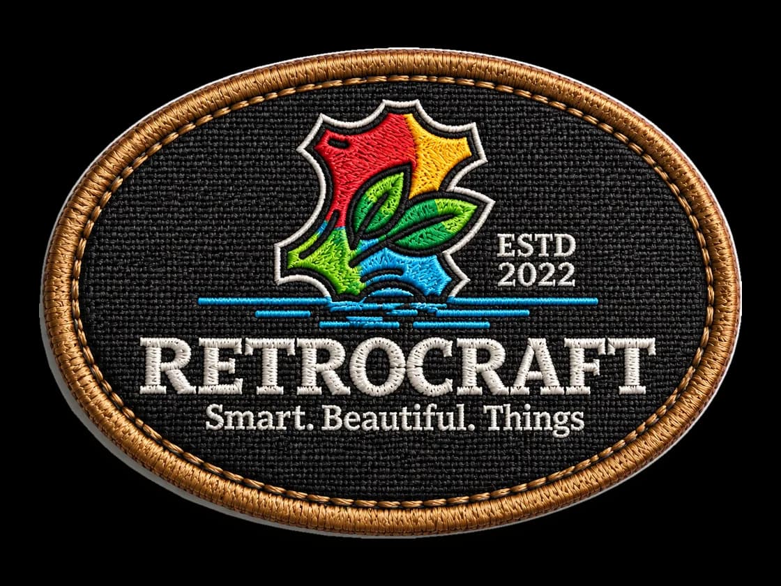 Mock-up of an embroidered patch with a stitched RetroCraft logo and merrowed edge